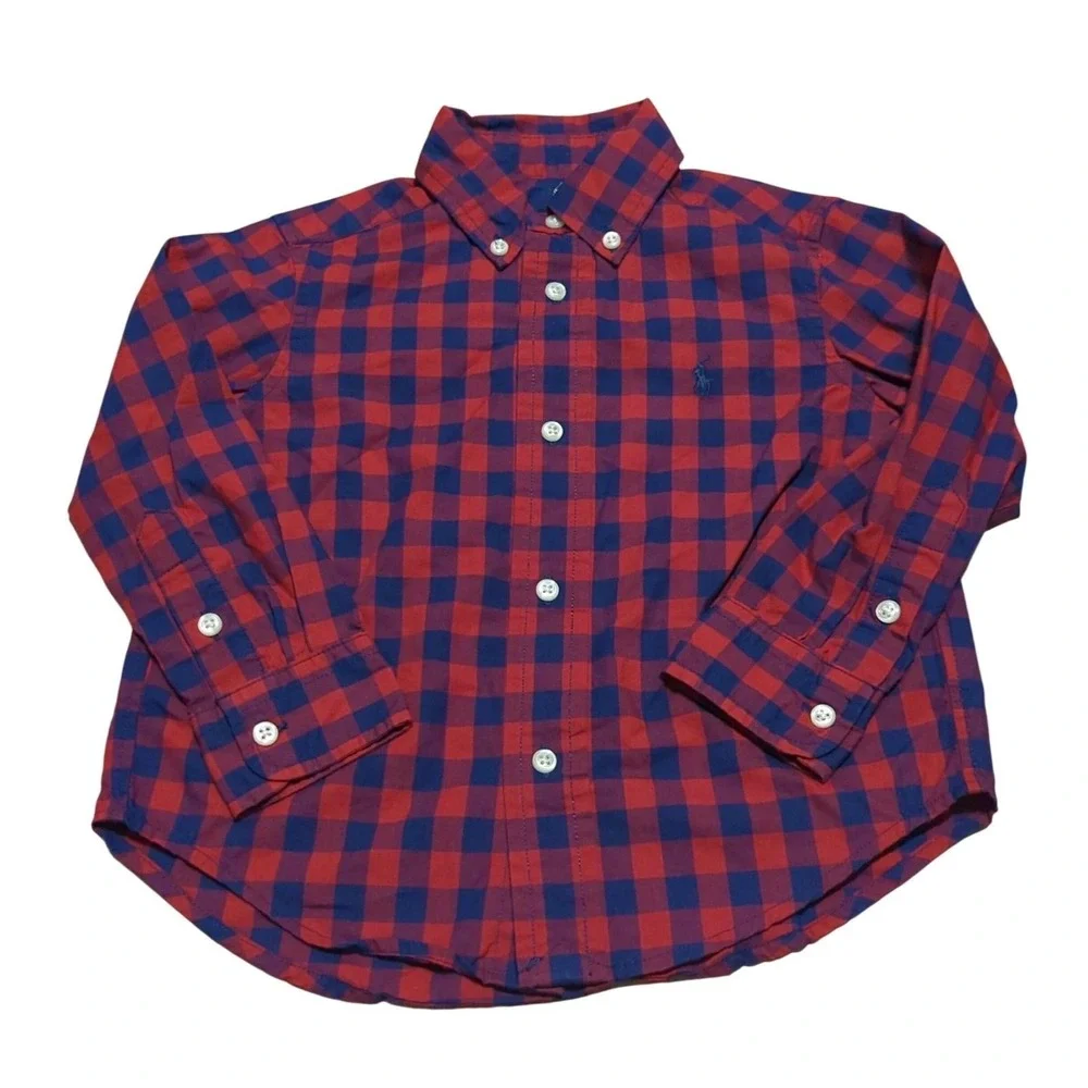 Ralph‎ Lauren Navy Blue Red Checkered Long Sleeve Button Down Shirt Blue Pony 2T